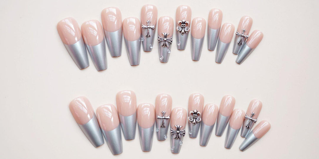 Decorative Press-On Nails with Silver Accents