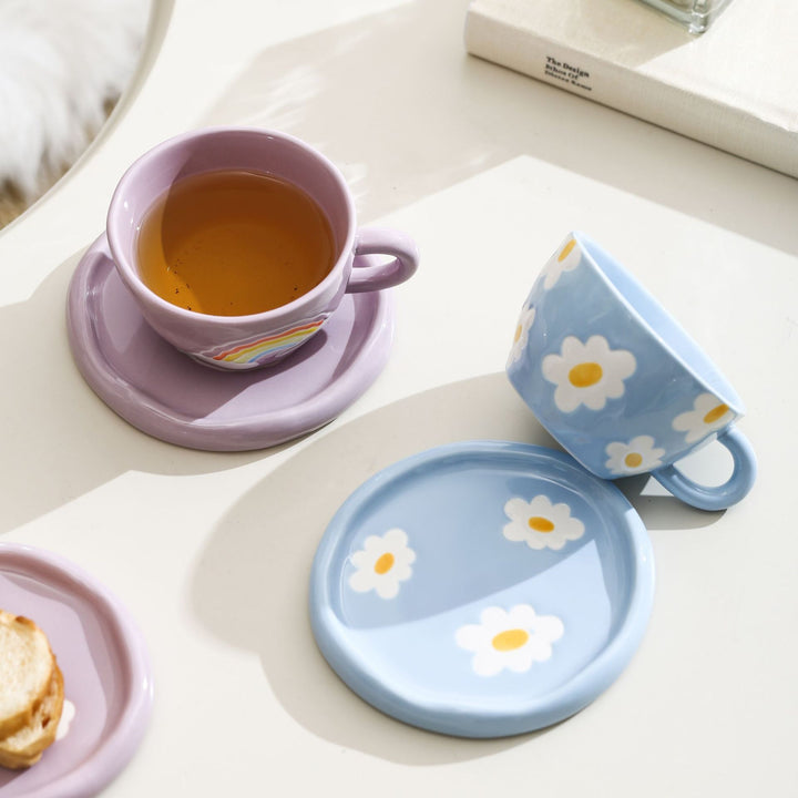 Pastel Design Ceramic Mug Set with Saucer and Raised Rainbow Relief