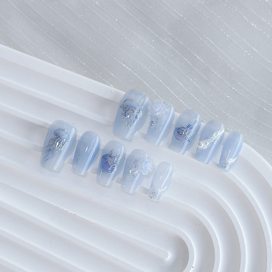 Artistic Press-On Nail Art Set with Heart and Celestial Designs