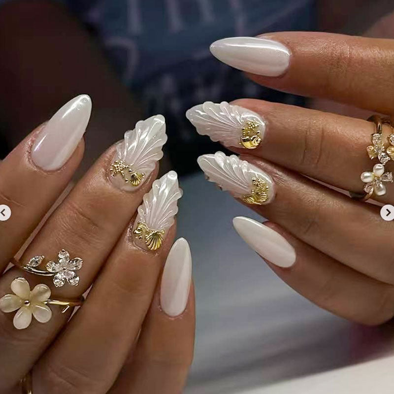 Ornate Long-Stiletto Press-On Nails with Gold Accents