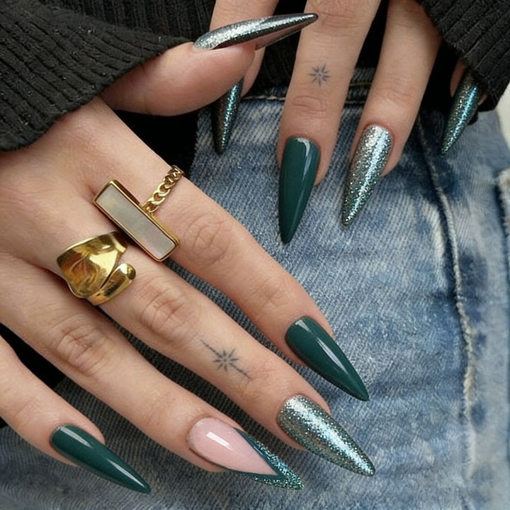 Glamorous Stiletto Press-On Nail Set with Glitter Accents