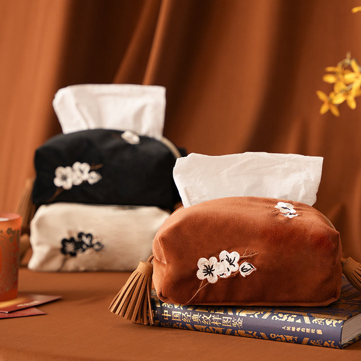 Elegant velvet handkerchief box cover with floral embroidery and tassels