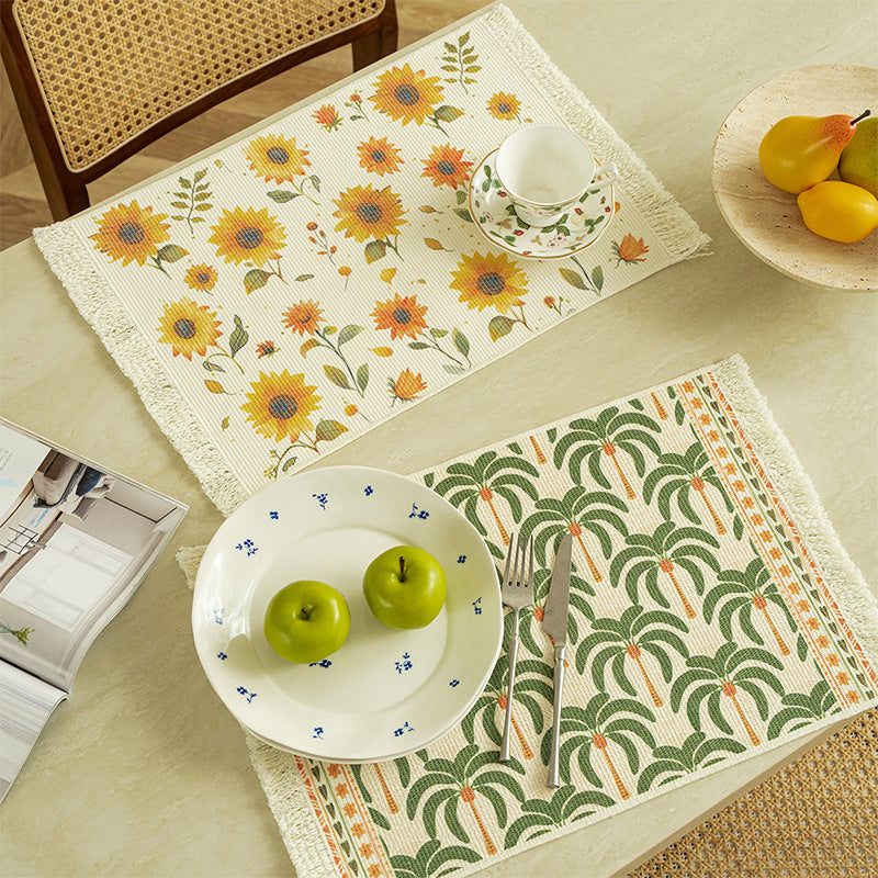 Woven living and beach rug with palm jacquard and decorative fringes Kalsten