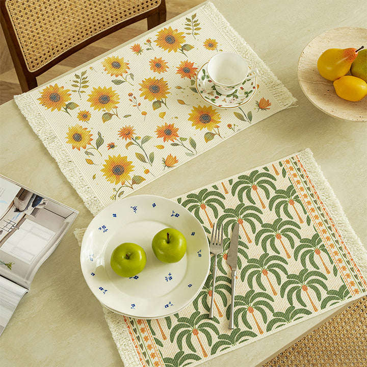 Woven living and beach rug with palm jacquard and decorative fringes Kalsten