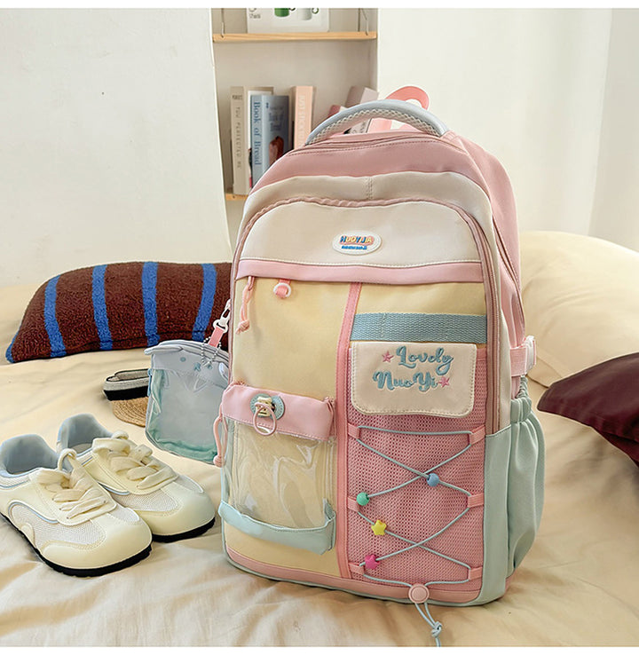 Color-Blocked Multi-Pocket School Backpack