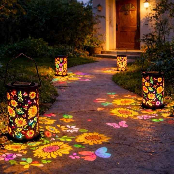Solar Projection Lantern With Sunflower Floral Metal Cylinder And Hanging Handle Kalsten