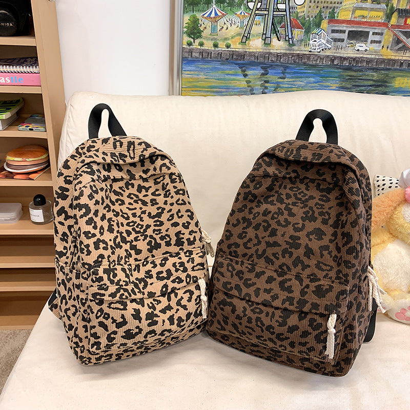 Stylish Leopard-Print Corduroy Backpack