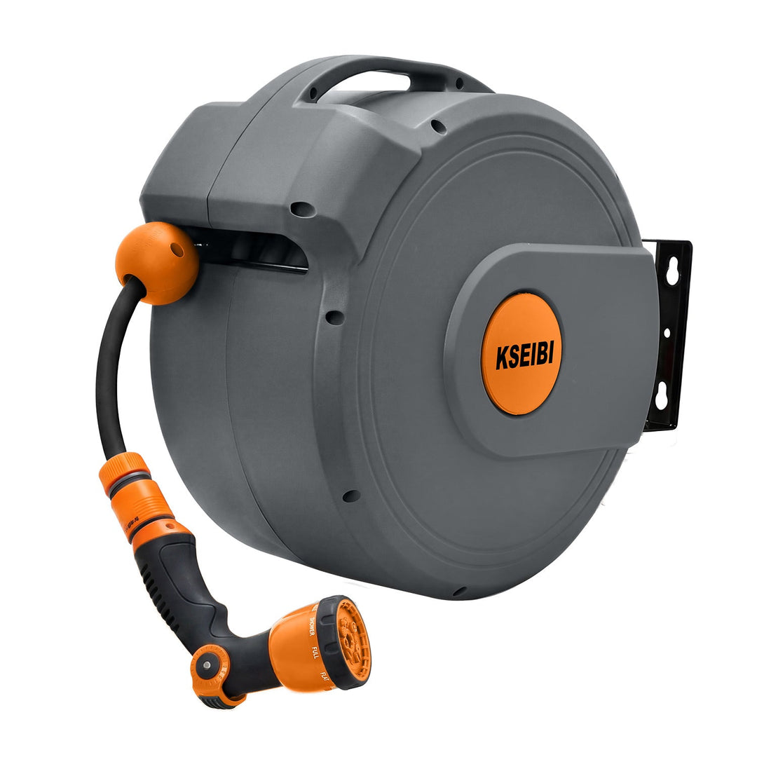 heavy-duty retractable wall-mounted garden hose reel with rubber hose and adjustable multi-pattern spray nozzle Kalsten