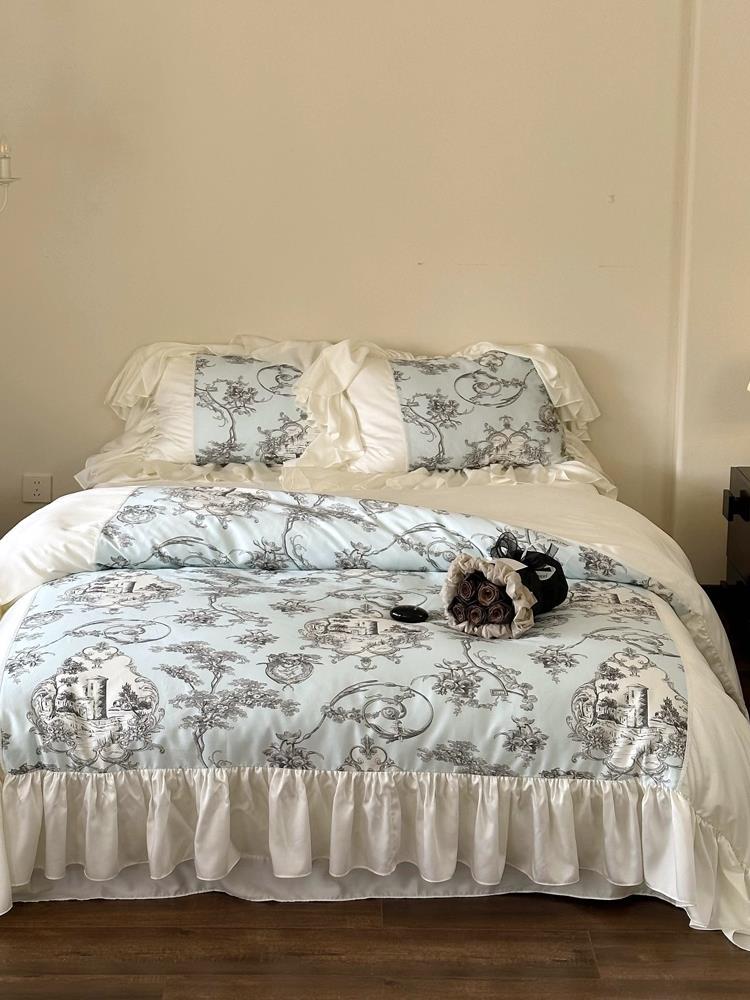 Ruffled satin bedding set in vintage toile design with frill