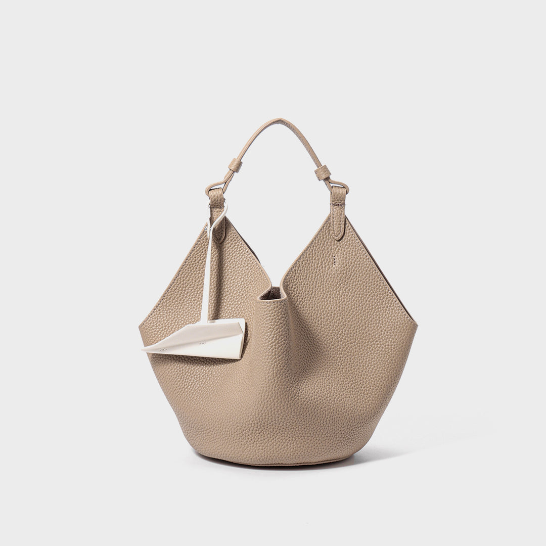 Slouchy Pebbled Leather Hobo Bucket Bag with Top Handle and Geometric Silhouette