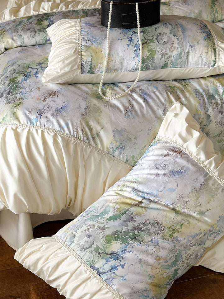 Luxurious satin bedding set with ruffles and watercolor floral pattern