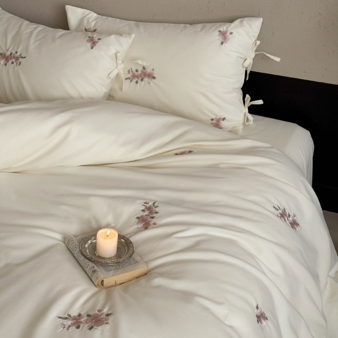 High-quality cotton bedding set with embroidered floral accents