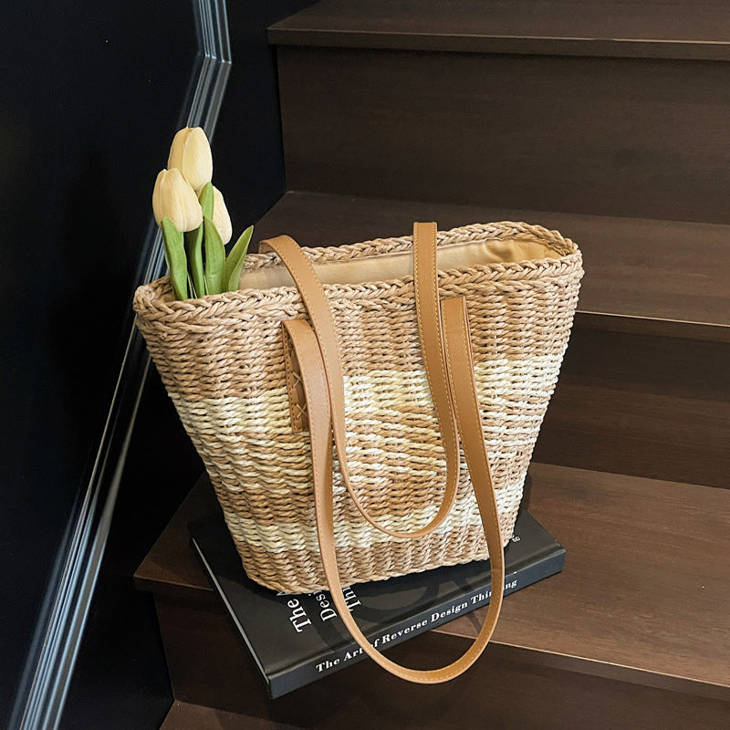 Woven Natural Material Handbag with Leather Accents Kalsten