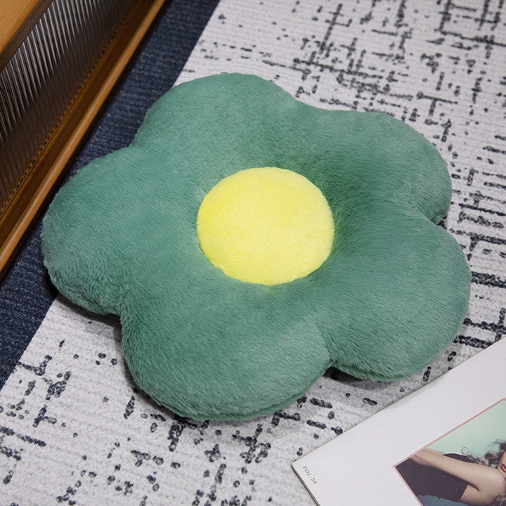 Padded seat cushion in flower shape with faux leather center piece and fluffy edge padding