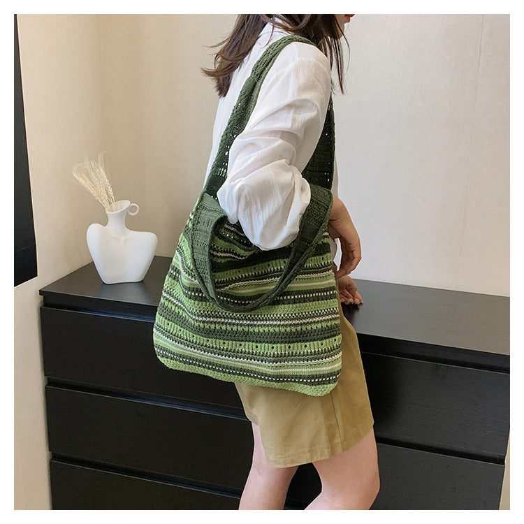 Bohemian Striped Crochet Tote Bag