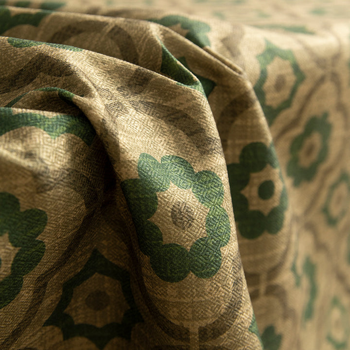 Woven rectangular tablecloth with geometric floral pattern and linen look