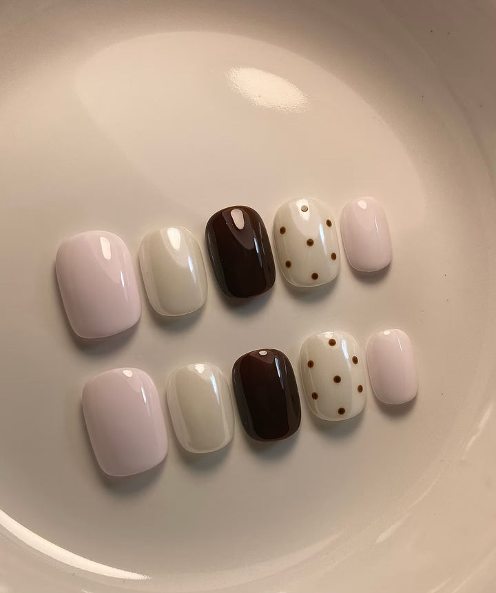 Artistic Press-On Nail Set with Abstract and Polka Dot Designs