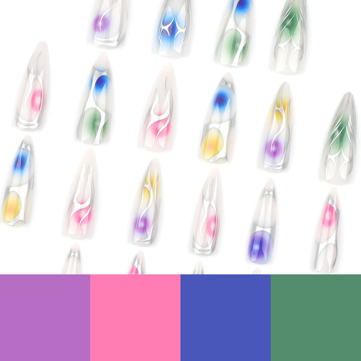 Artful stiletto nails with transparent design and colorful accents Kalsten
