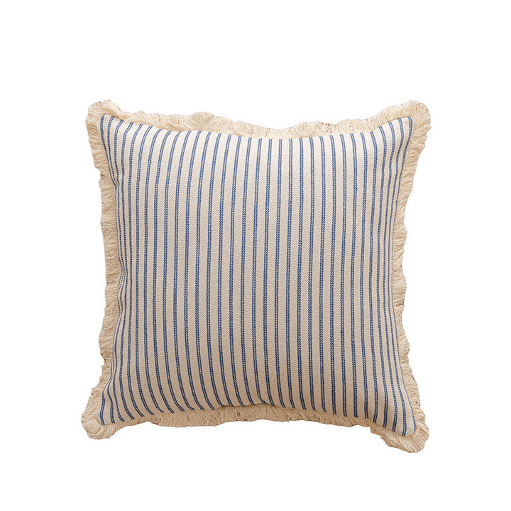 Square Striped Canvas Throw Pillow with Natural Fringe Trim