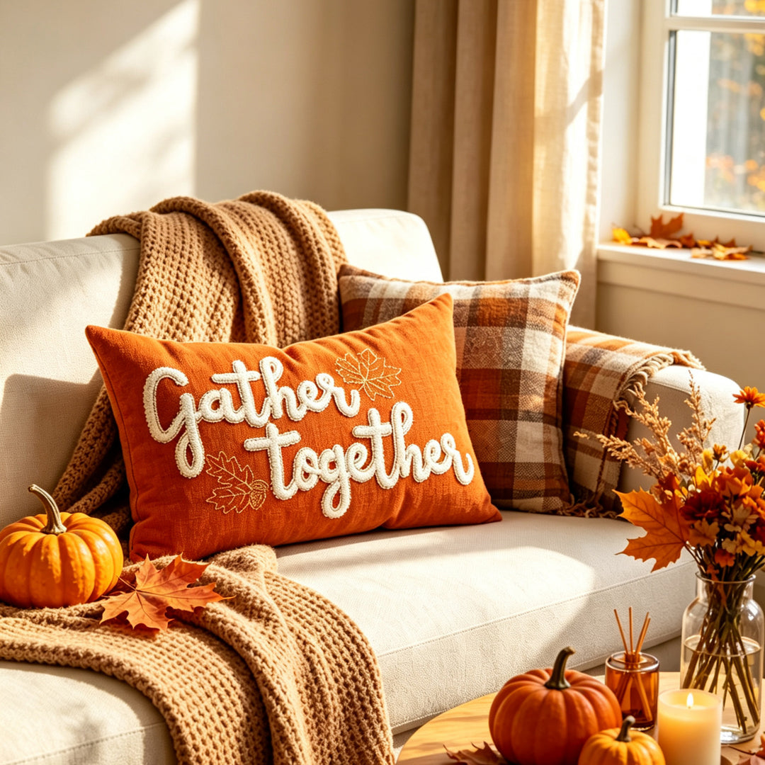 Embroidered Autumn Maple Lumbar Pillow Cover with Textured Chenille Leaf Appliqué