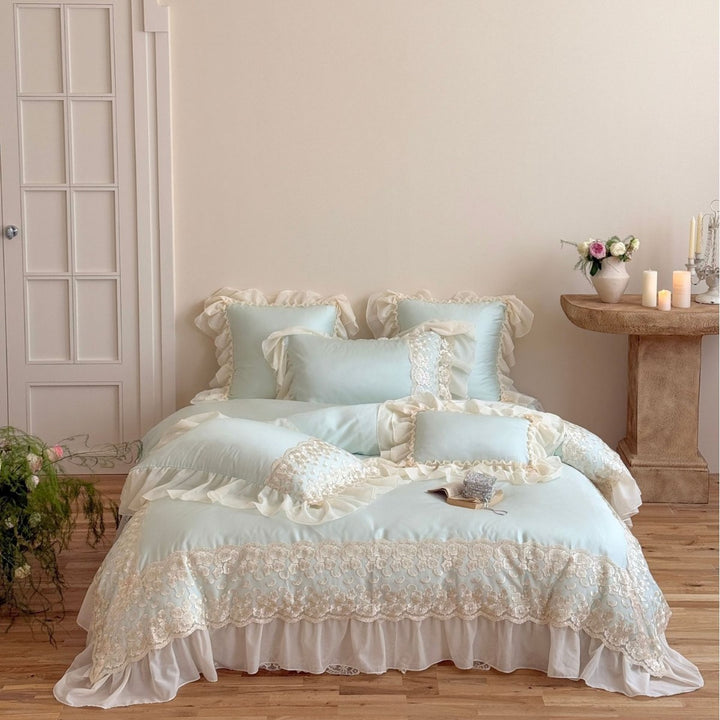 Luxurious lace bedding set with ruffles and frills