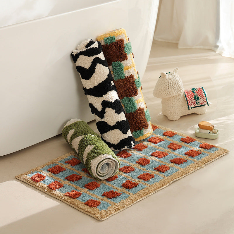 fluffy bath and floor mat made of cotton tufting with retro check pattern