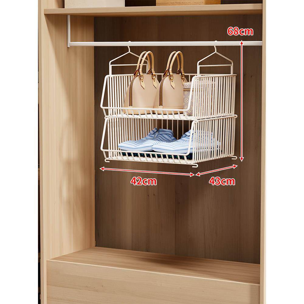 Over-Rod Double Tier Hanging Closet Wire Basket Organizer with Removable Baskets