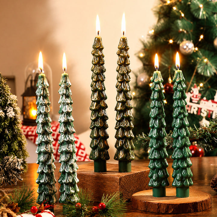 Sculptural Tall Pine-Tree Taper Candle Set with Layered Branch Texture
