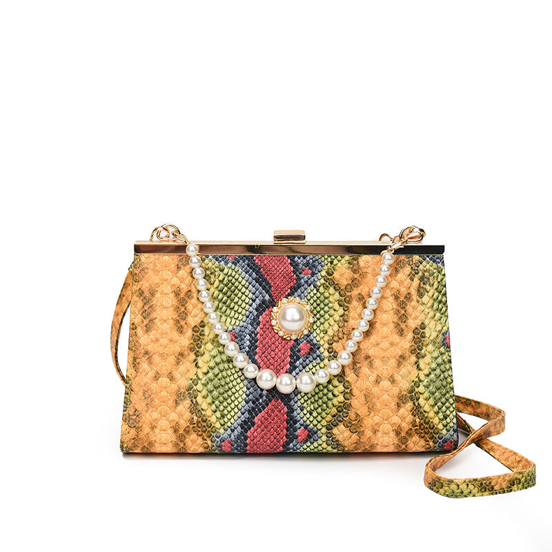 Elegant Pearl-Embellished Snakeskin Clutch Bag