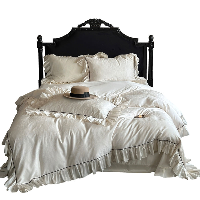 Luxurious bedding set with ruffles and jacquard pattern