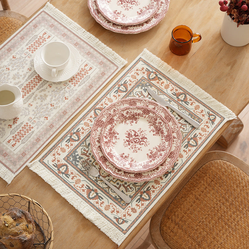 Woven small runner rug in vintage ornamental style with fringes