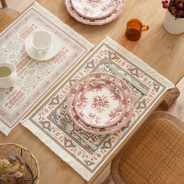 Woven small runner rug in vintage ornamental style with fringes