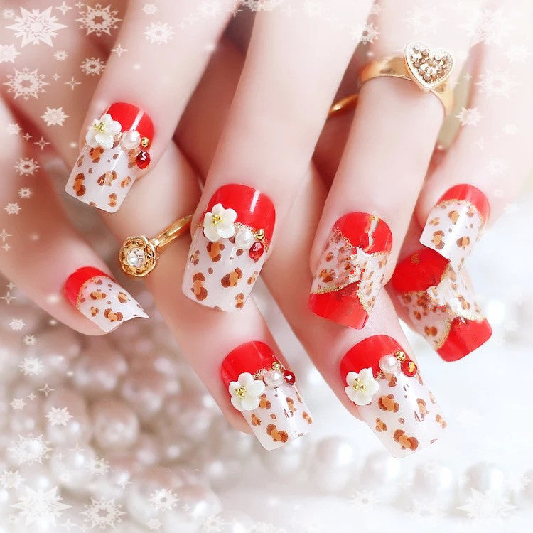 Artistic Press-On Nail Set with Floral and Animal Print Designs