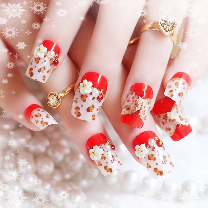 Artistic Press-On Nail Set with Floral and Animal Print Designs