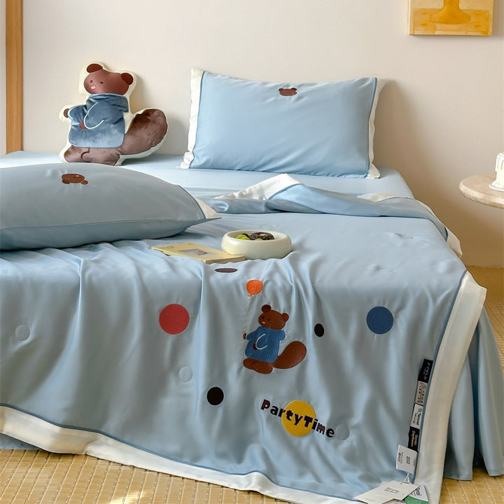 Satin bedding set with embroidered cat appliqués and silky soft finish