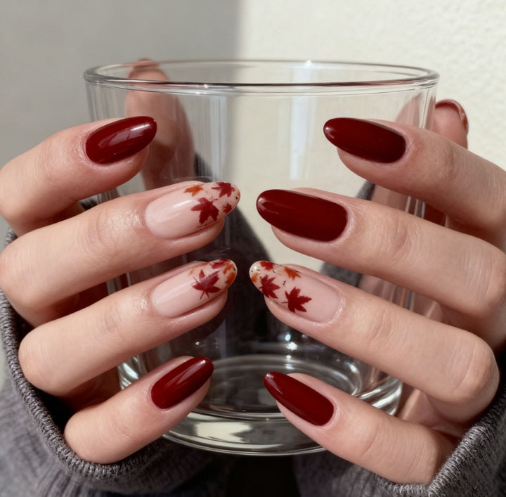 Fall-Inspired Glossy Almond-Shaped Nail Art Enhancements Kalsten