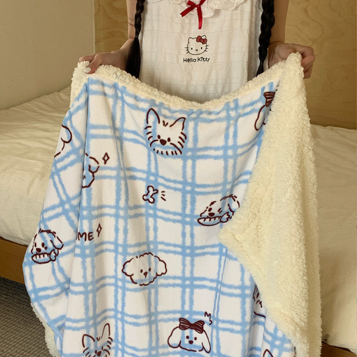 Reversible cuddle blanket with Sherpa fleece, cute dog illustrations and checkered pattern