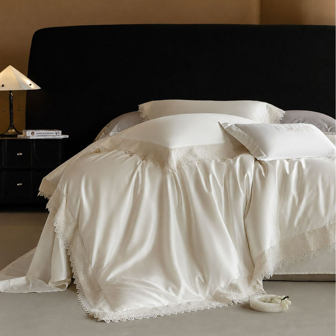 Luxurious satin bedding set with fine lace edging