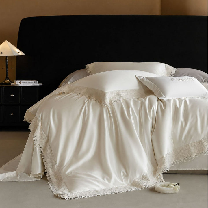 Luxurious satin bedding set with fine lace edging