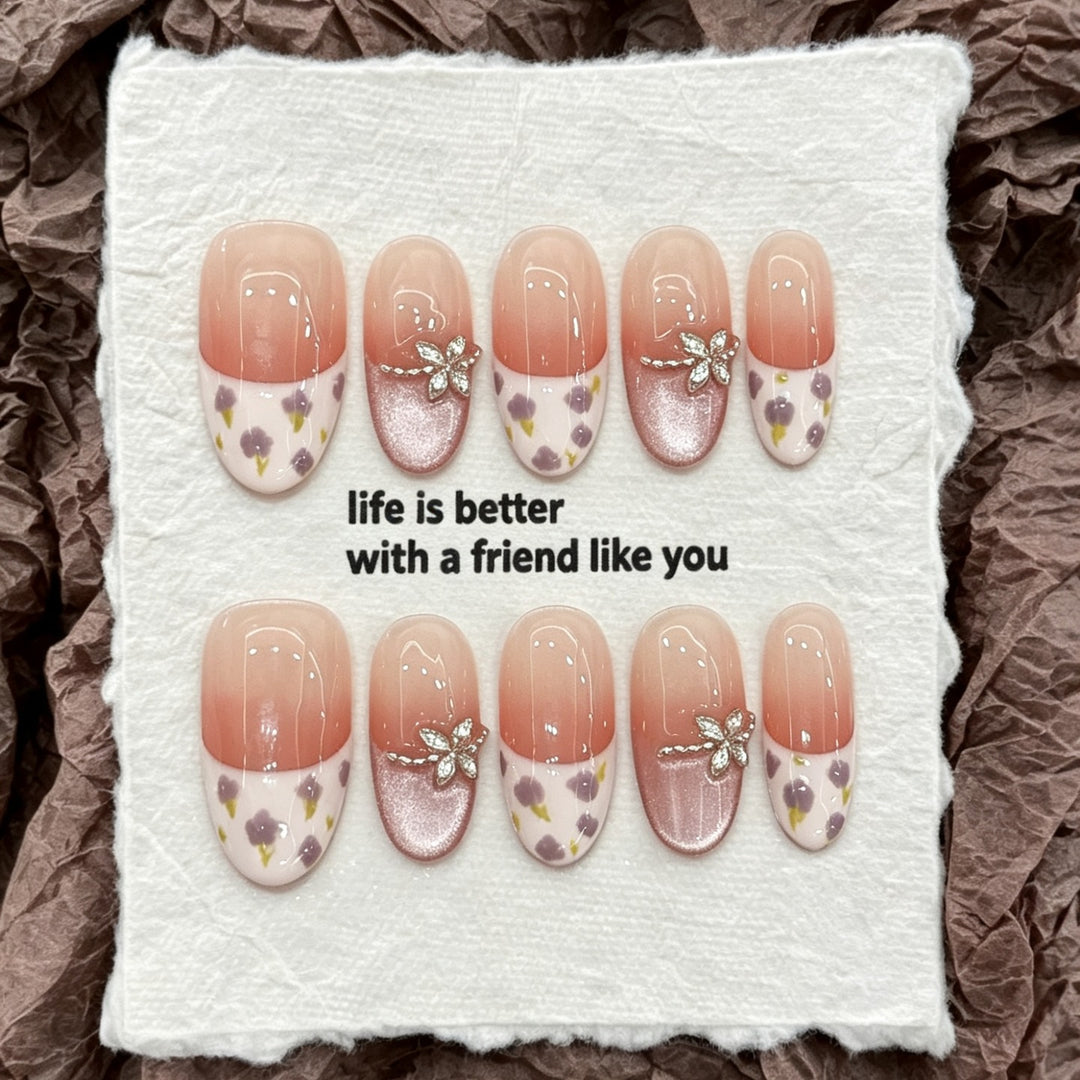 Artistic Floral Press-On Nail Art Set with Glittering Accents