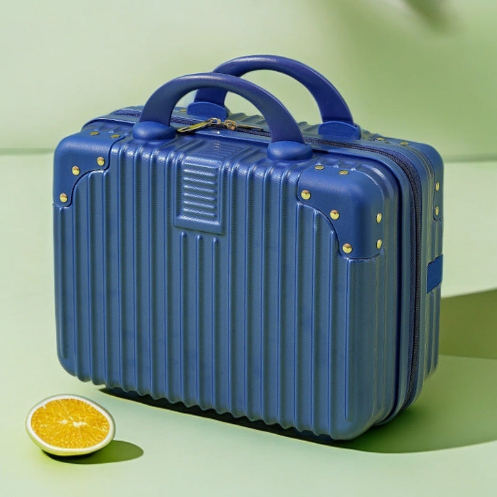 structured hard-shell vanity travel case with faux-leather corner reinforcements and dual top handles Kalsten