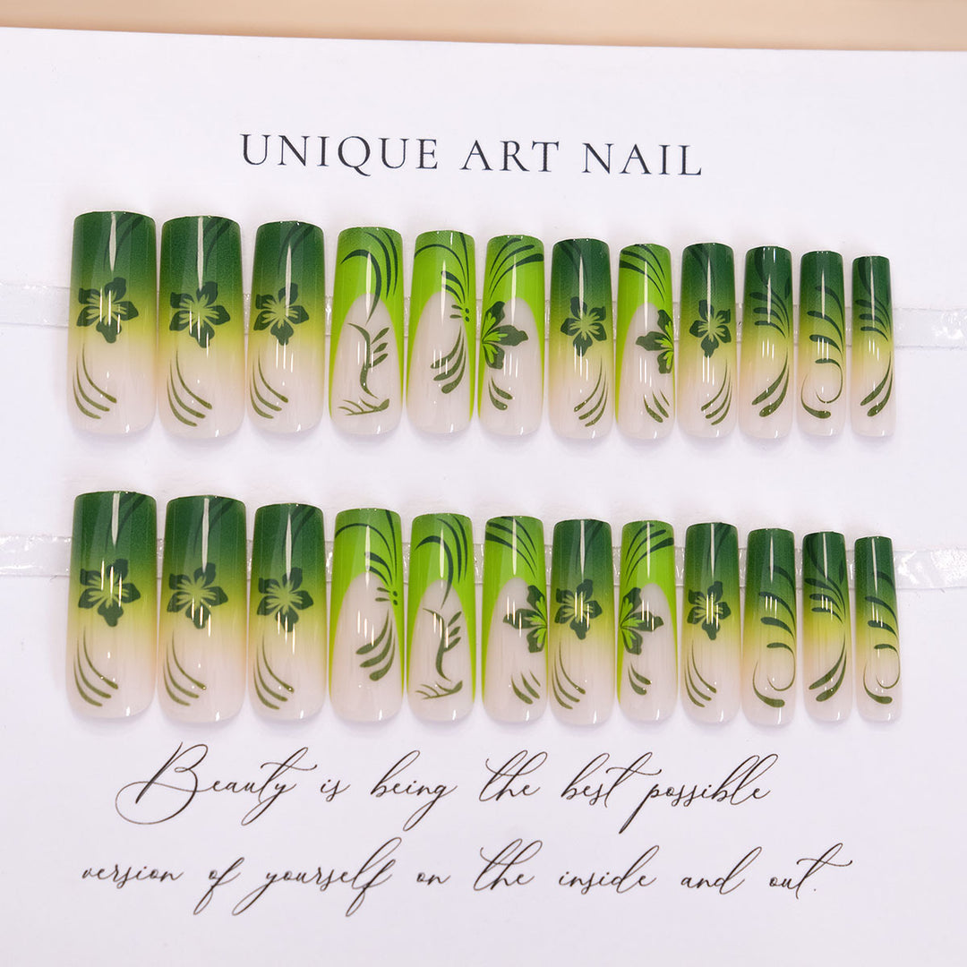 Artistic Long Stiletto Press-On Nails with Green Leaf Design
