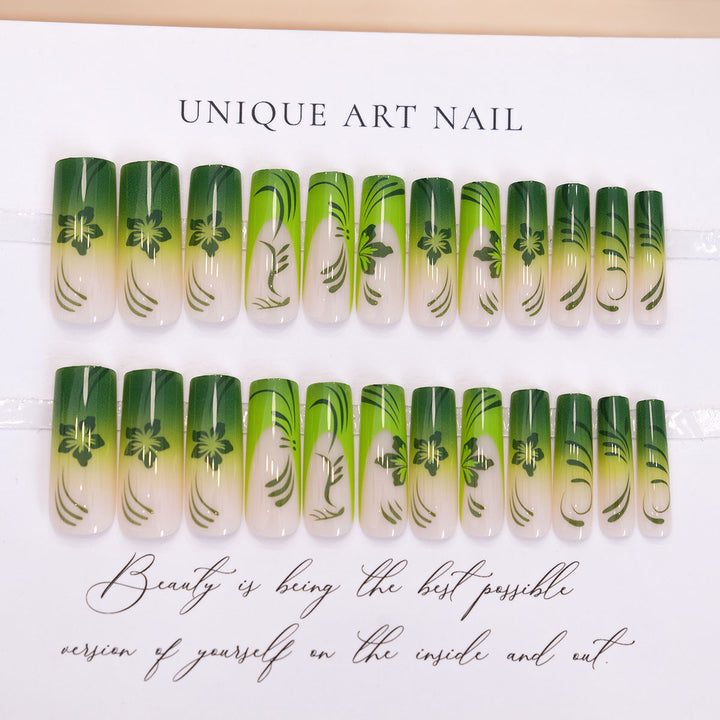 Artistic Long Stiletto Press-On Nails with Green Leaf Design