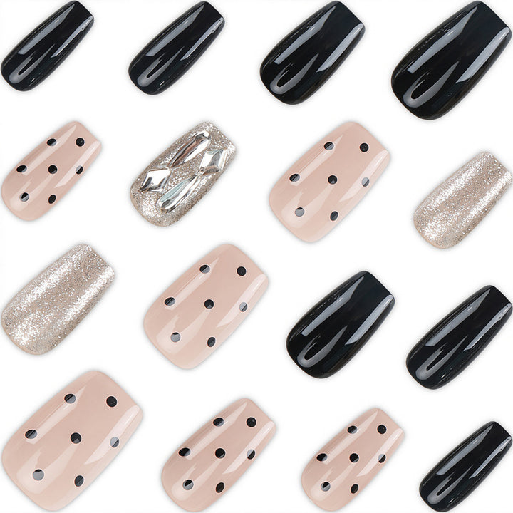Designer Press-On Nails Set with Elegant Black and Polka Dot Patterns Kalsten