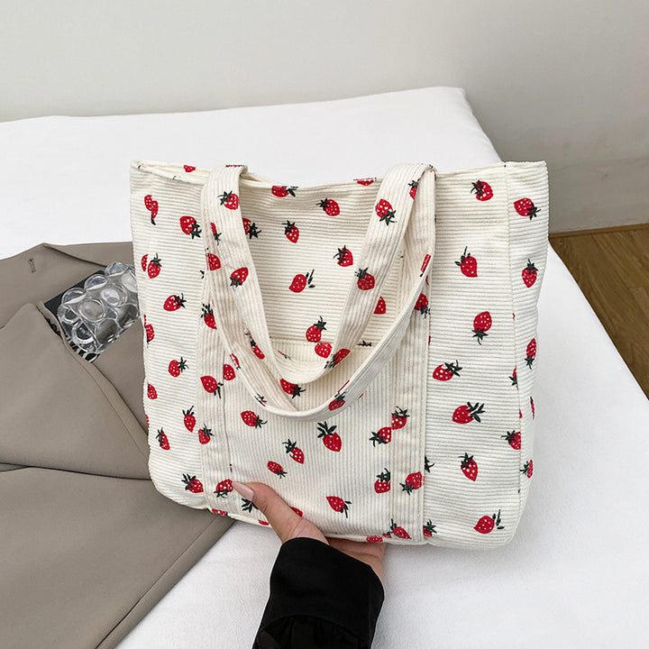 Playful Strawberry Print Corduroy Tote Bag Kalsten