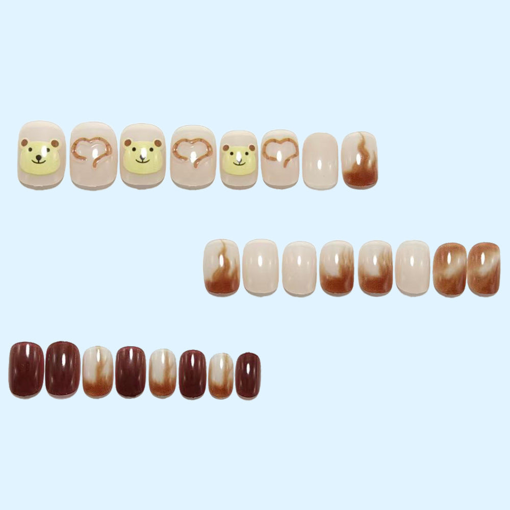 Artificial nails with cute bear design and elegant color gradients Kalsten
