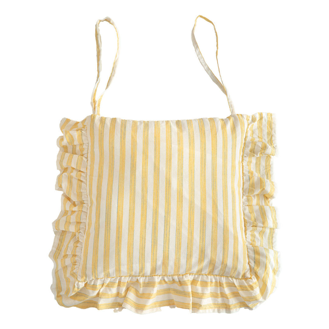Striped chair cushion with ties, ruffled hem and linen look
