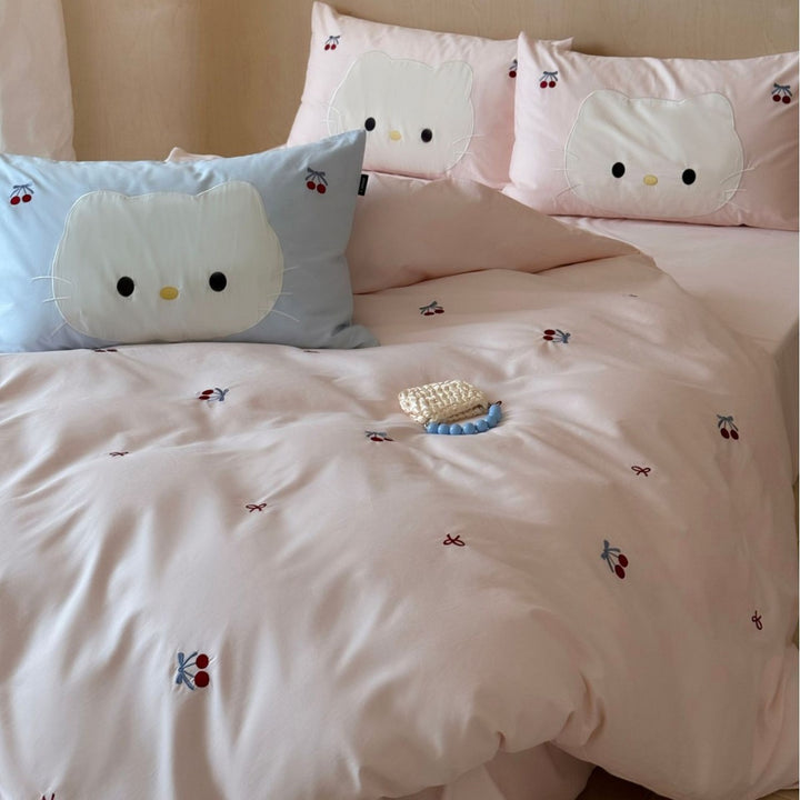 Cute embroidered bedding set with cat applique and cherry motif Kalsten