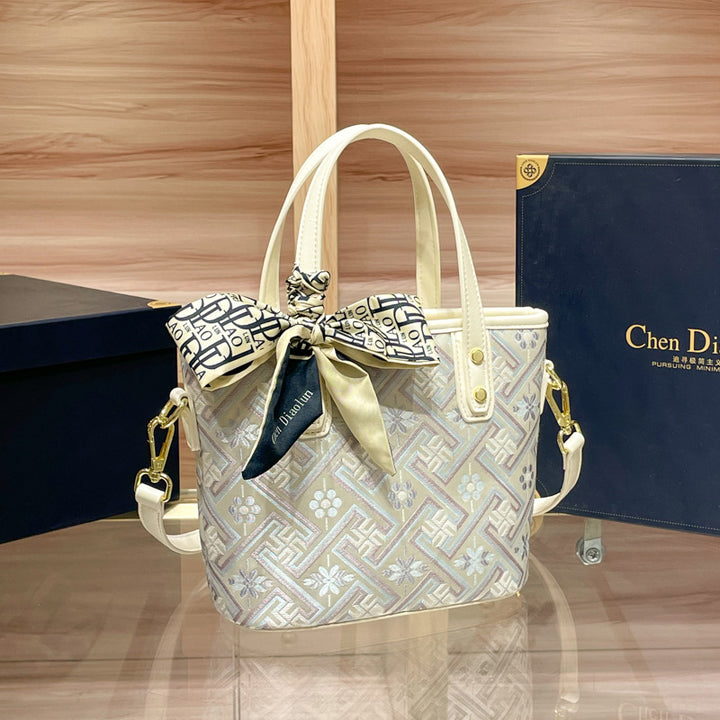 Elegant Handheld Tote Bag with Decorative Scarf