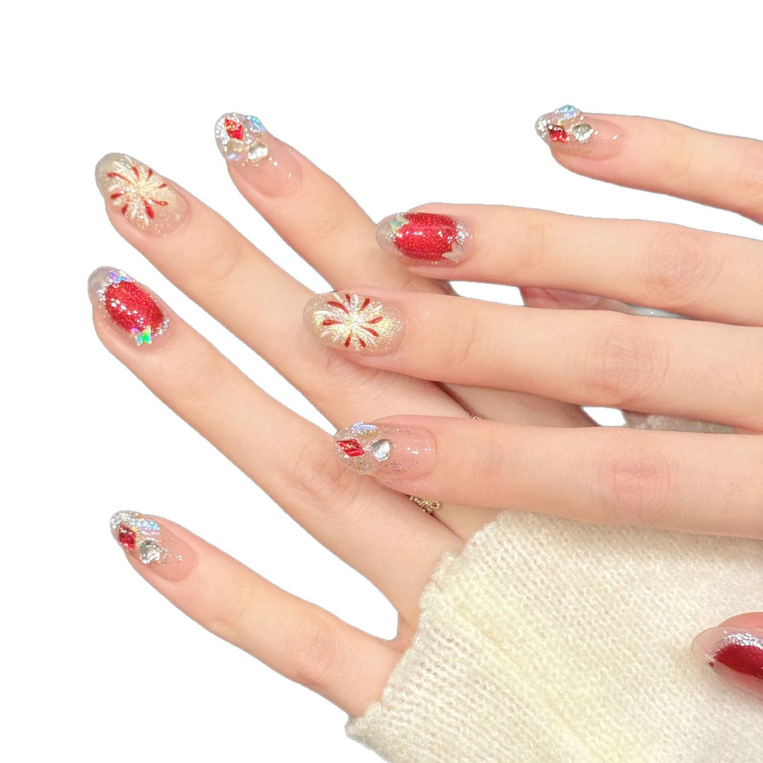 Artistic Press-On Nail Set with Holiday Theme